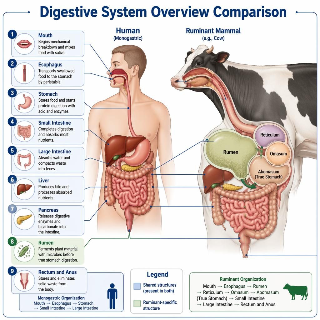 Side-by-side digestive system comparison infographic with human and ruminant anatomy, 9 labeled organs, blue legend coding.