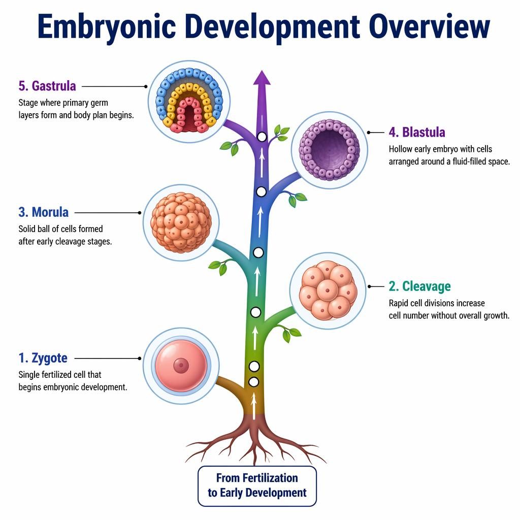 Vector biology infographic of embryonic development tree with labeled stages: zygote, cleavage, morula, blastula, gastrula.