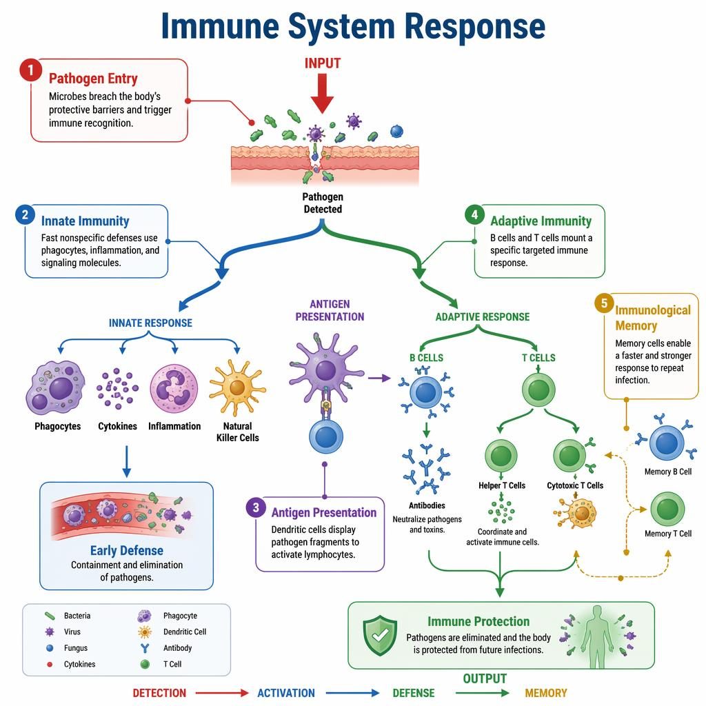 Vector infographic of immune system response with branching pathway, 5 labeled parts, arrows, and Pathogen Entry to Immune Protection