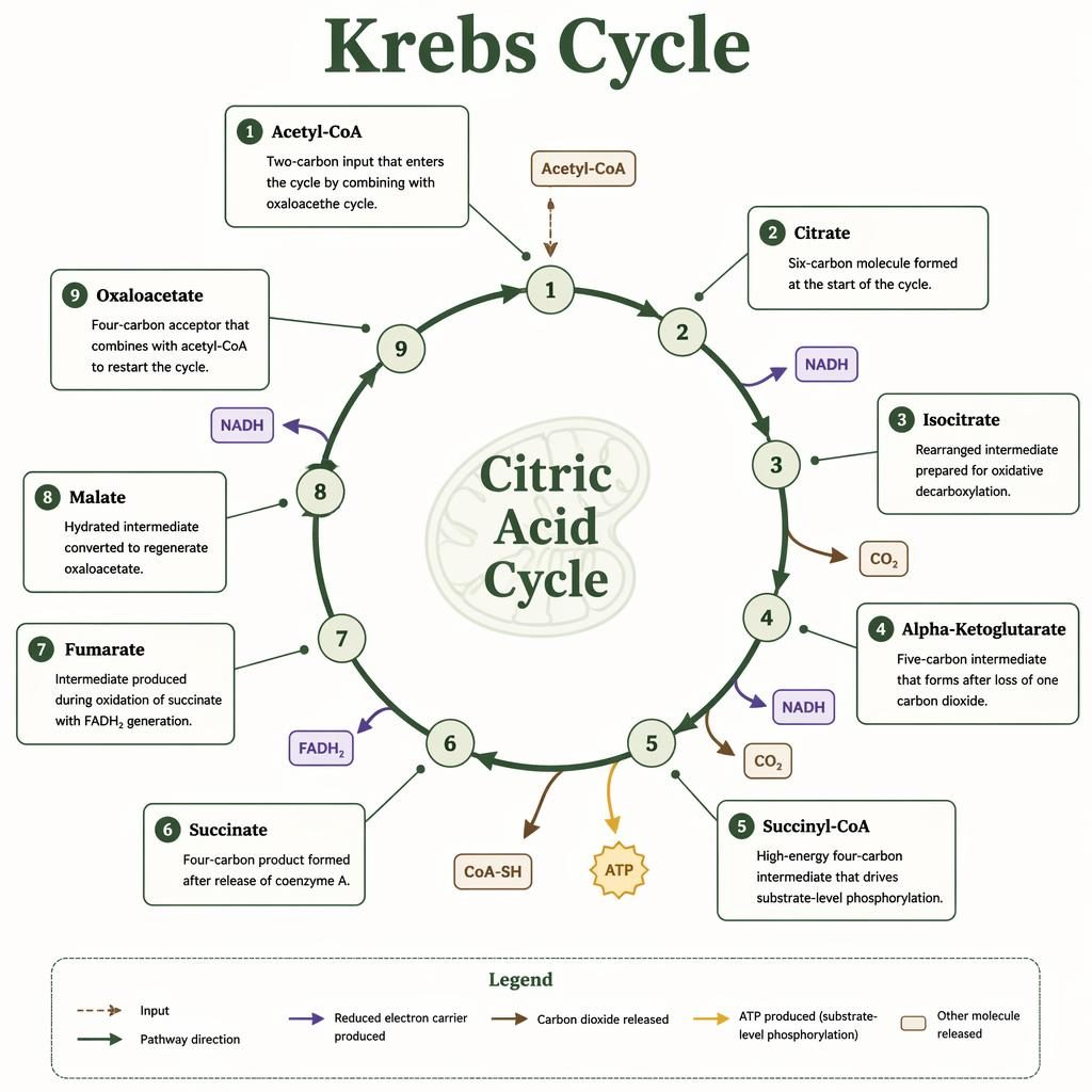 Clean Krebs Cycle infographic with 9 labeled stages, circular arrows, and CO2, NADH, FADH2, ATP callouts.