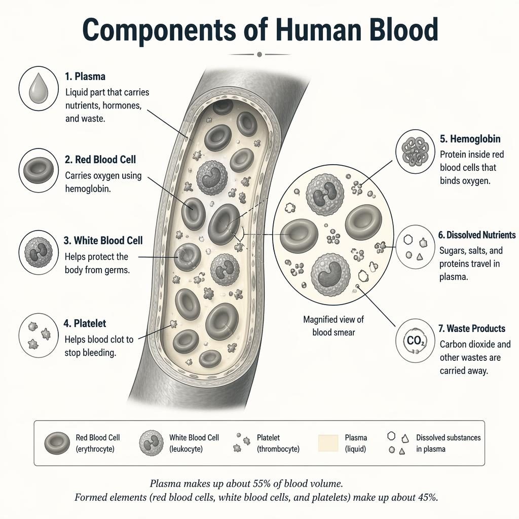 Educational infographic of human blood components with labeled vessel cross-section and magnified blood smear in grayscale.