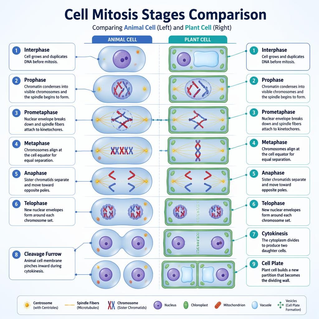 Scientific infographic comparing animal and plant cell mitosis stages with labeled callouts, spindle, chromosomes, furrow and cell plate.