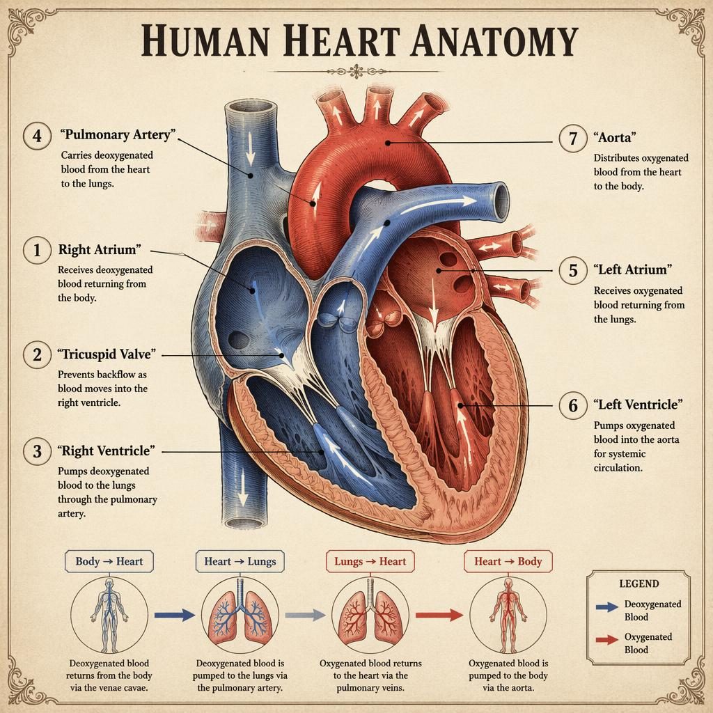 Vintage-style human heart anatomy infographic with 7 labeled parts, blood flow arrows, and educational pathway markers.