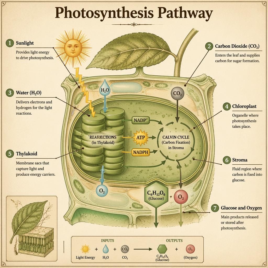 Vintage-style cell organelles chart showing a chloroplast photosynthesis pathway with labeled inputs, outputs, thylakoids, stroma, and arrows