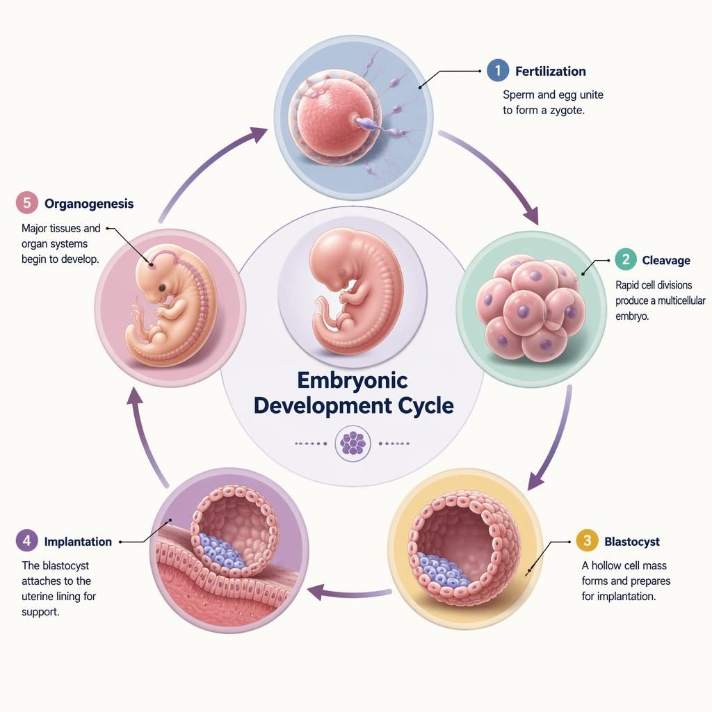 Isometric 3D embryonic development cycle infographic with 5 labeled stages, circular arrows, and a central embryo hub.