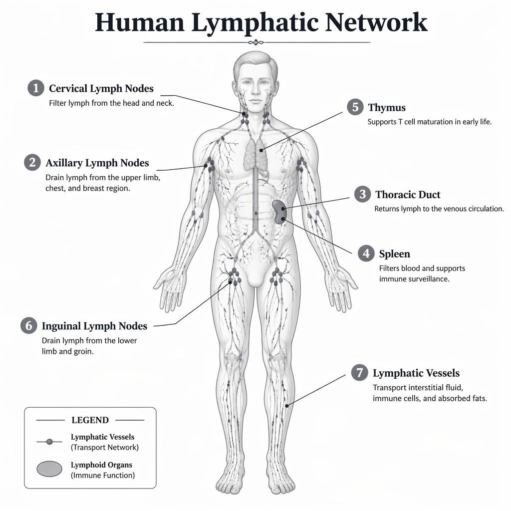 Monochrome medical infographic of the human lymphatic system with 7 labeled organs and vessels in anterior view.
