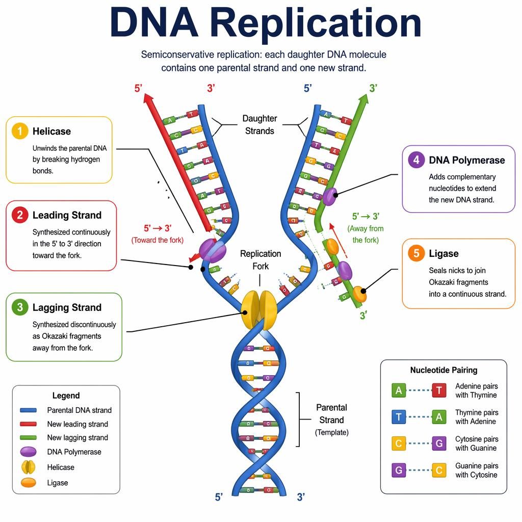 Vector biology infographic of DNA replication with a central replication fork, arrows, and five labeled enzyme callouts.
