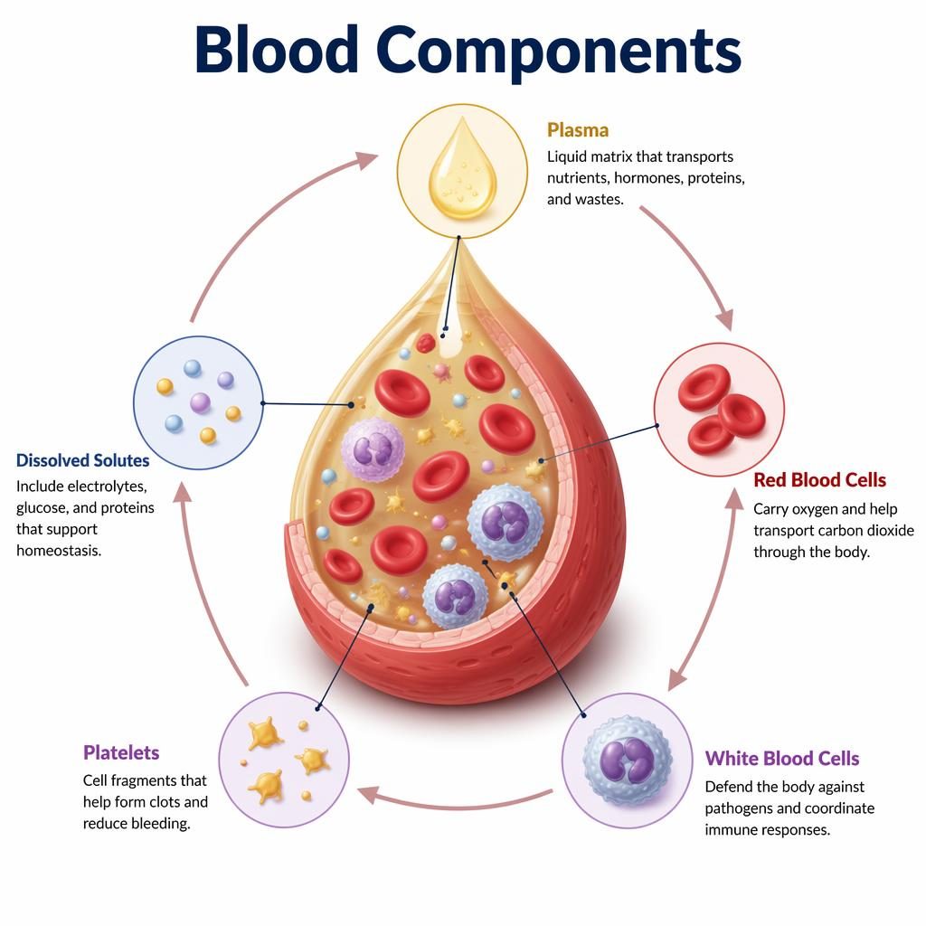 Isometric blood components infographic with central droplet, five labeled callouts, circular arrows, and pastel scientific styling.
