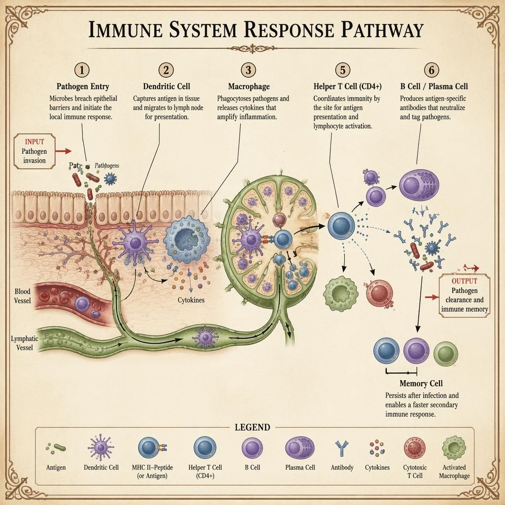 Vintage medical infographic of innate-to-adaptive immune response pathway with 7 labeled immune components and anatomy of female abdomen