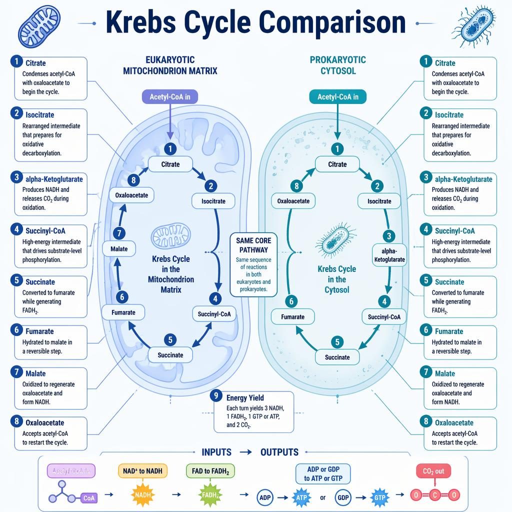 Colorful biology infographic comparing the Krebs cycle in eukaryotic mitochondrion and prokaryotic cytosol rings