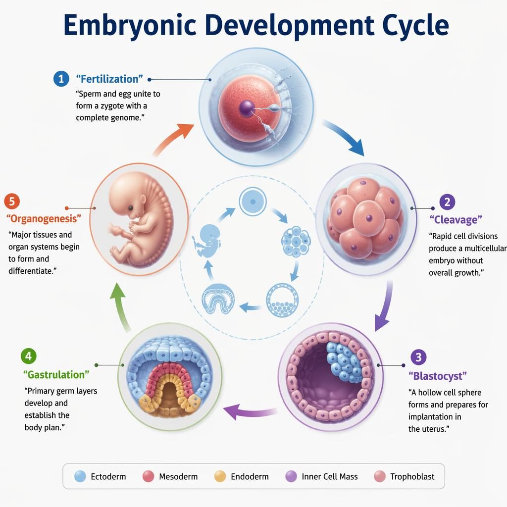 Educational circular infographic of 5 human embryonic stages with arrows, labels, pastel isometric 3D vector style.