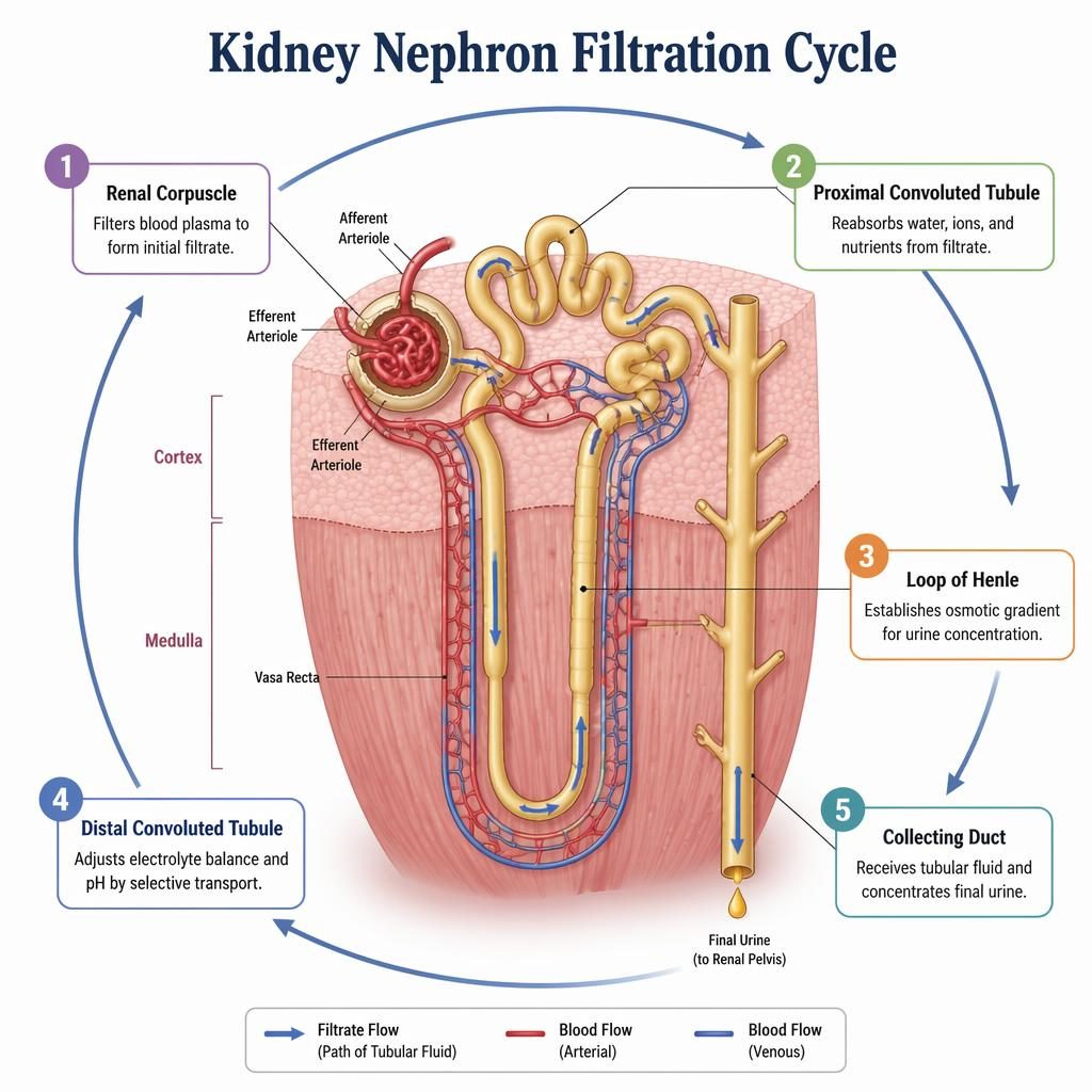 Infografía científica del nefrón renal humano en ciclo circular con 5 etapas etiquetadas, flechas y contexto de corteza y médula