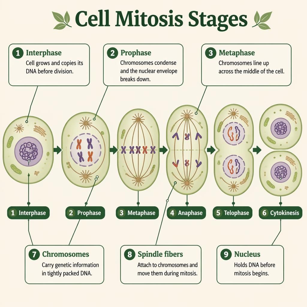 Flat biology infographic of cell mitosis stages with 6 labeled animal cell panels and 9 educational callouts on beige background.