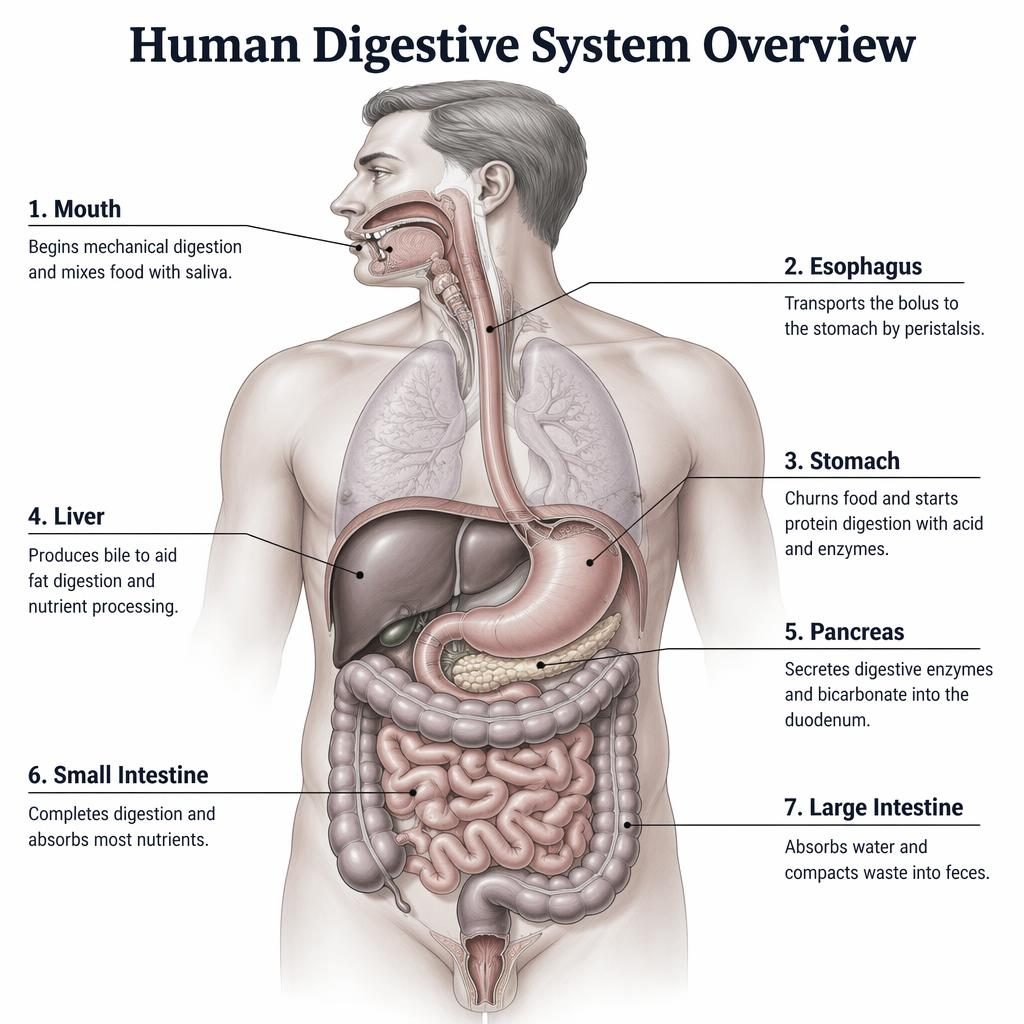 Medical infographic of the human digestive system with 7 labeled organs and function captions around a torso cross-section.