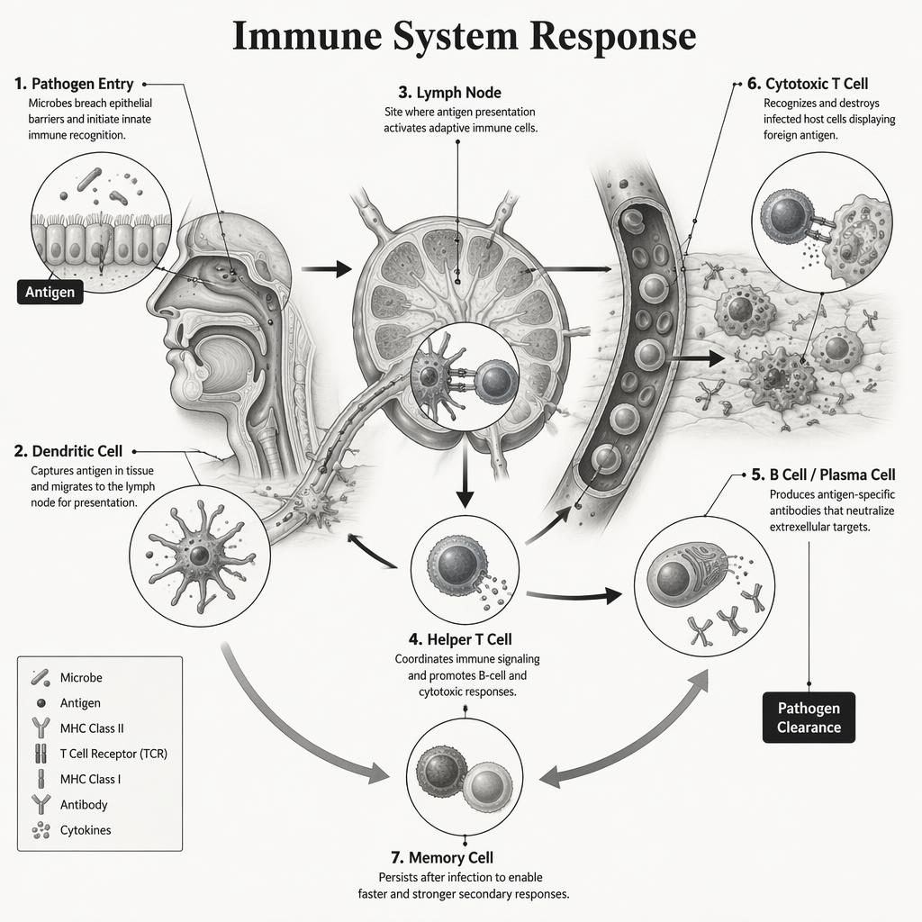 Medical infographic of immune response pathway with 7 labeled components, anatomy context, arrows, and grayscale diagram.