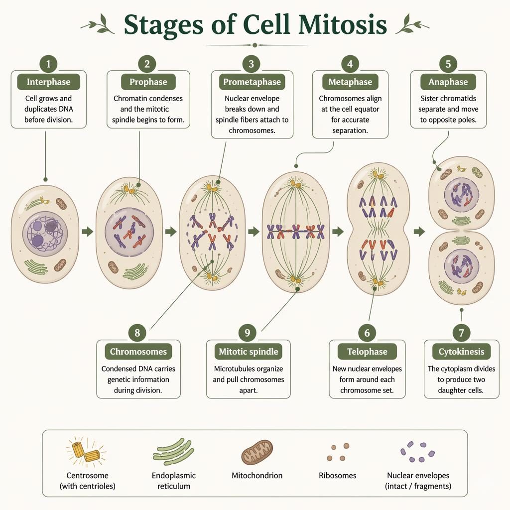 Scientific infographic of animal cell mitosis stages with labeled diagram, arrows, chromosomes, and mitotic spindle.