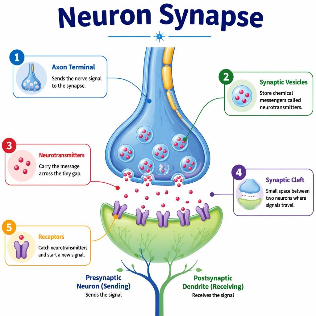 Vector neuron synapse infographic with labeled axon terminal, vesicles, neurotransmitters, cleft, and receptors