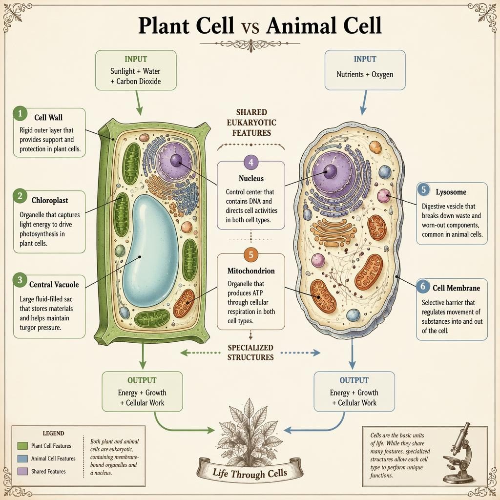 Vintage-style infographic comparing plant and animal cells with labeled organelles, flow arrows, and English captions.
