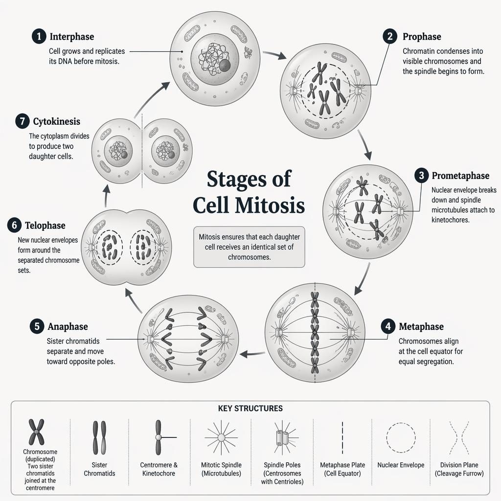 Monochrome biology infographic showing 7 labeled stages of cell mitosis in a circular diagram with arrows and captions.