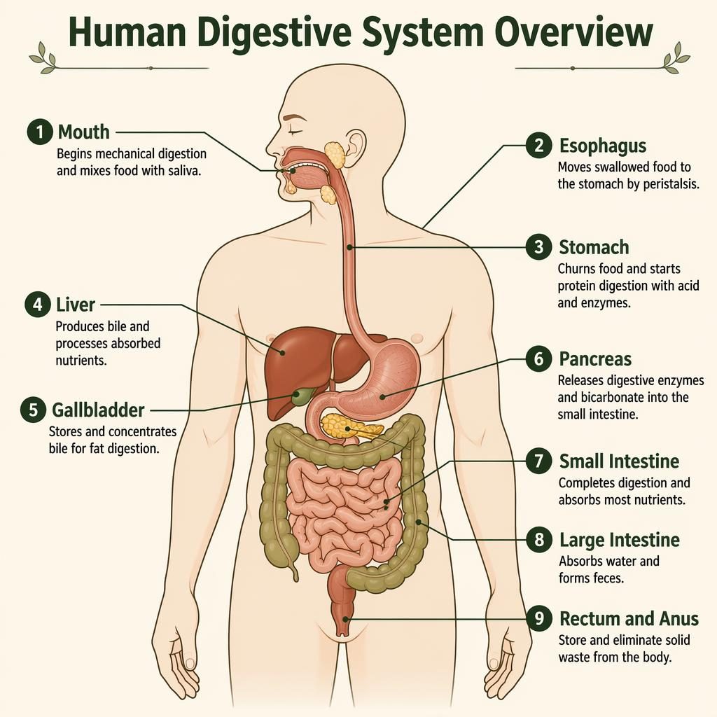 Diagrama anatómico del sistema digestivo humano con 9 etiquetas en inglés, estilo científico minimalista y fondo beige.