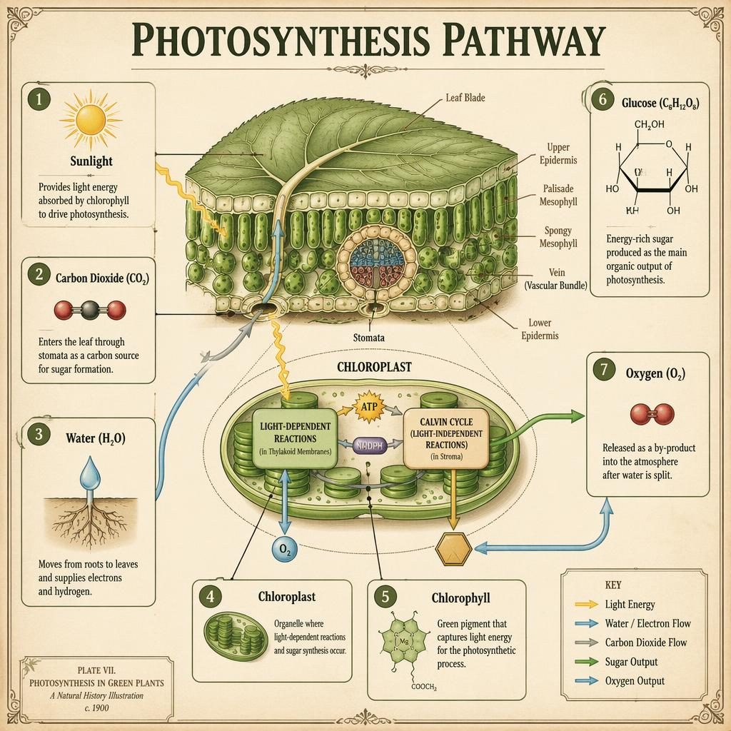 Vintage scientific infographic of a leaf cross-section with chloroplast detail and 7 labelled photosynthesis components.