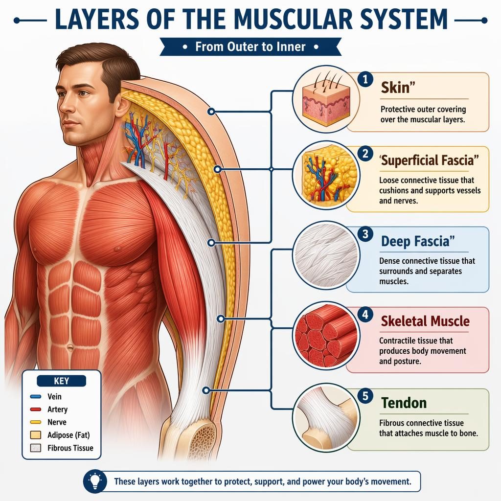 Educational infographic of human muscular system layers with labeled branches for skin, fascia, skeletal muscle, and tendon.