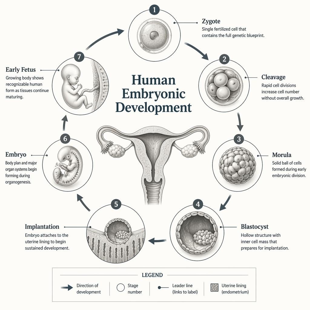 Circular medical infographic showing 7 human embryonic development stages with labels, arrows, and captions in grayscale.