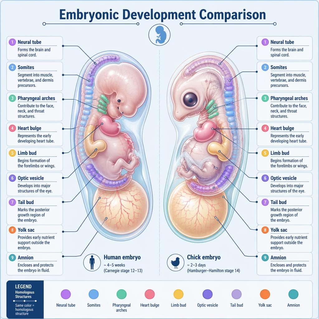 Scientific infographic comparing human and chick embryos side by side with 9 labeled homologous structures and legend.