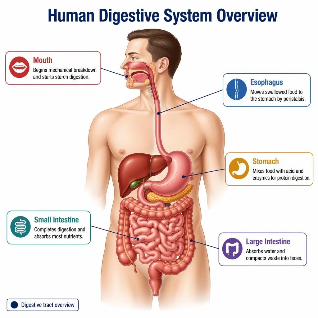 Clean vector infographic of the human digestive system with 5 labeled callouts, organ diagram, and white background.