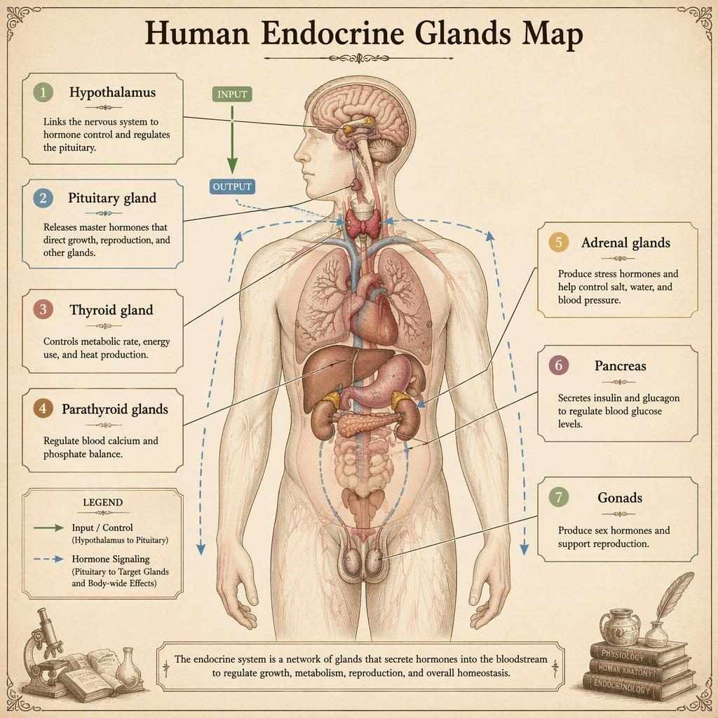 Vintage-style endocrine system diagram showing 7 labeled human glands with flow arrows and anatomical leader lines.