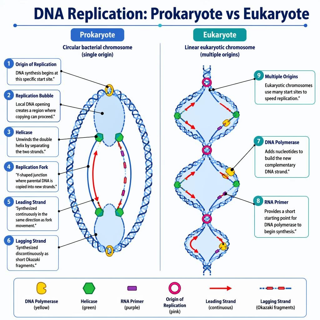 Side-by-side DNA replication infographic comparing circular prokaryotic DNA and linear eukaryotic DNA with 9 labels.