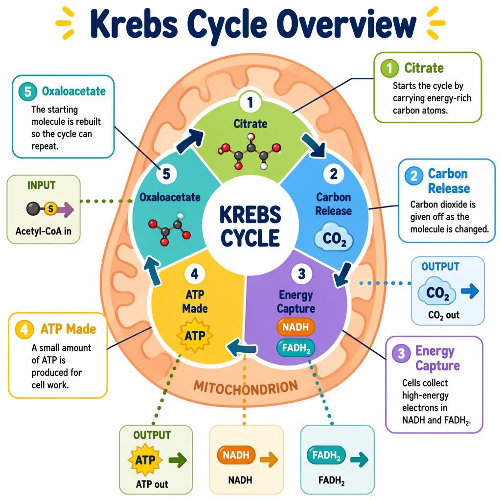 Kid-friendly Krebs cycle infographic with 5-stage circular diagram, labeled callouts, arrows, and mitochondrion backdrop.