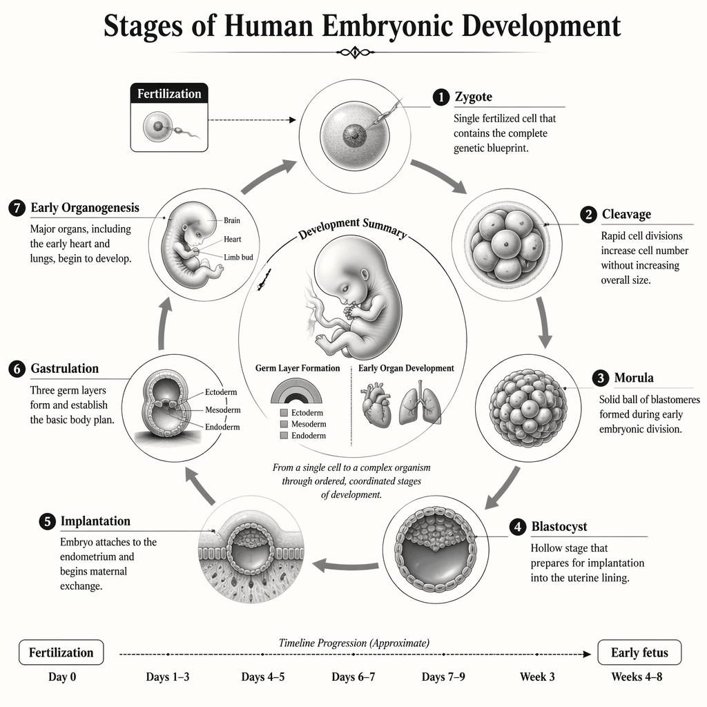 Monochrome circular infographic of 7 human embryonic development stages with labels, arrows, embryo silhouette, and inset cues.