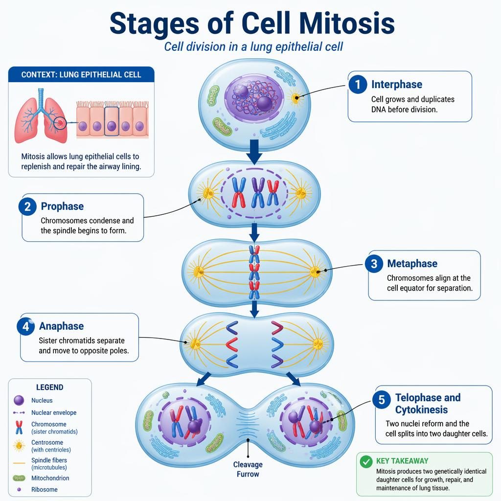 Educational mitosis infographic showing a lung epithelial cell diagram with 5 labeled stages from interphase to cytokinesis