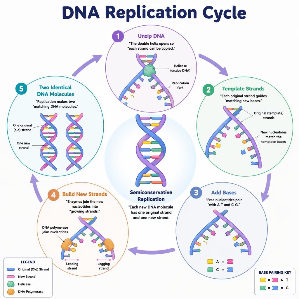 Kid-friendly DNA replication cycle infographic with 5 labeled stages, circular arrows, central double helix, and color legend.