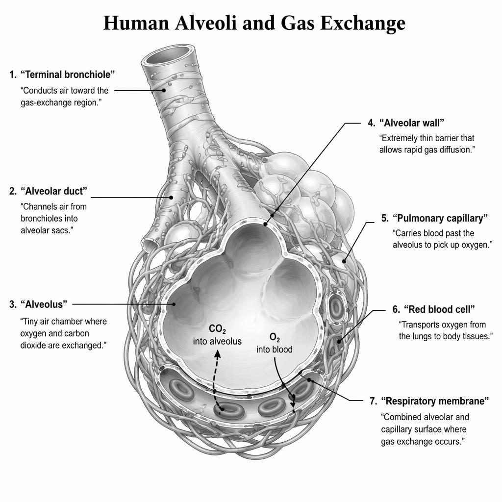 Monochrome anatomy infographic of human alveoli and gas exchange with 7 labels, capillary network, and O2/CO2 arrows.