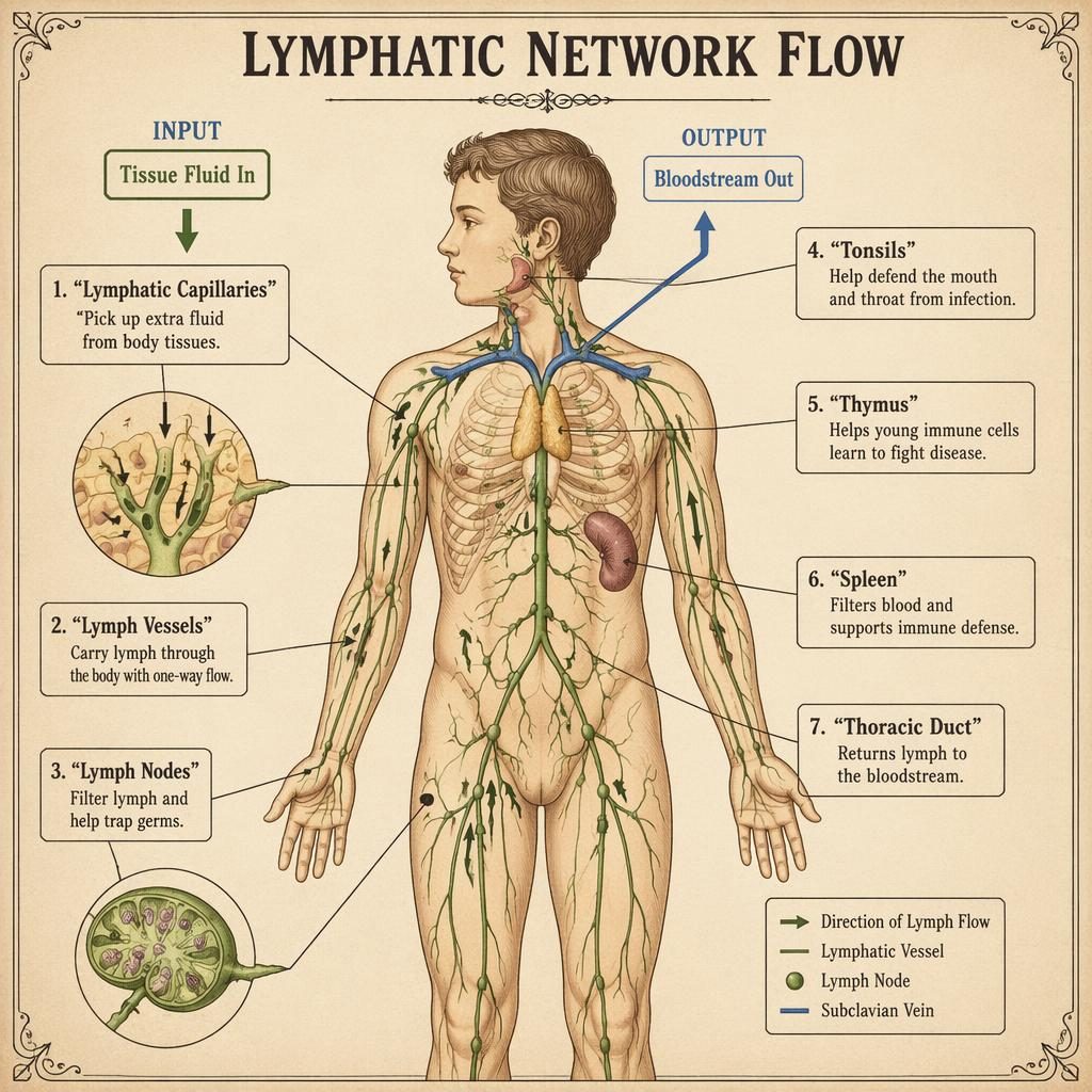 Vintage-style full-body lymphatic network infographic with 7 labeled parts, arrows, tissue fluid input, and bloodstream output.