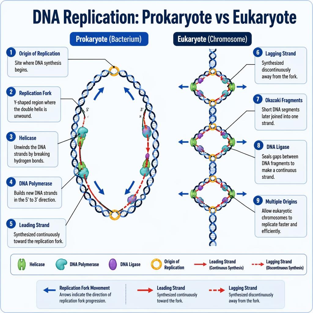 Colorful biology infographic comparing prokaryote and eukaryote DNA replication with labeled forks, enzymes, strands, and origins.