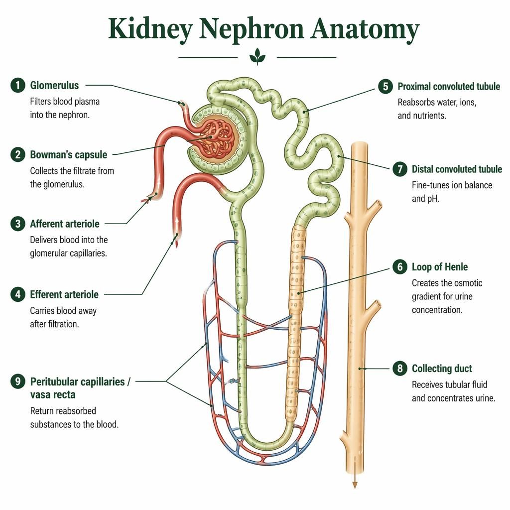 Minimal flat medical infographic showing a labeled human kidney nephron cross-section with 9 callouts and function captions.