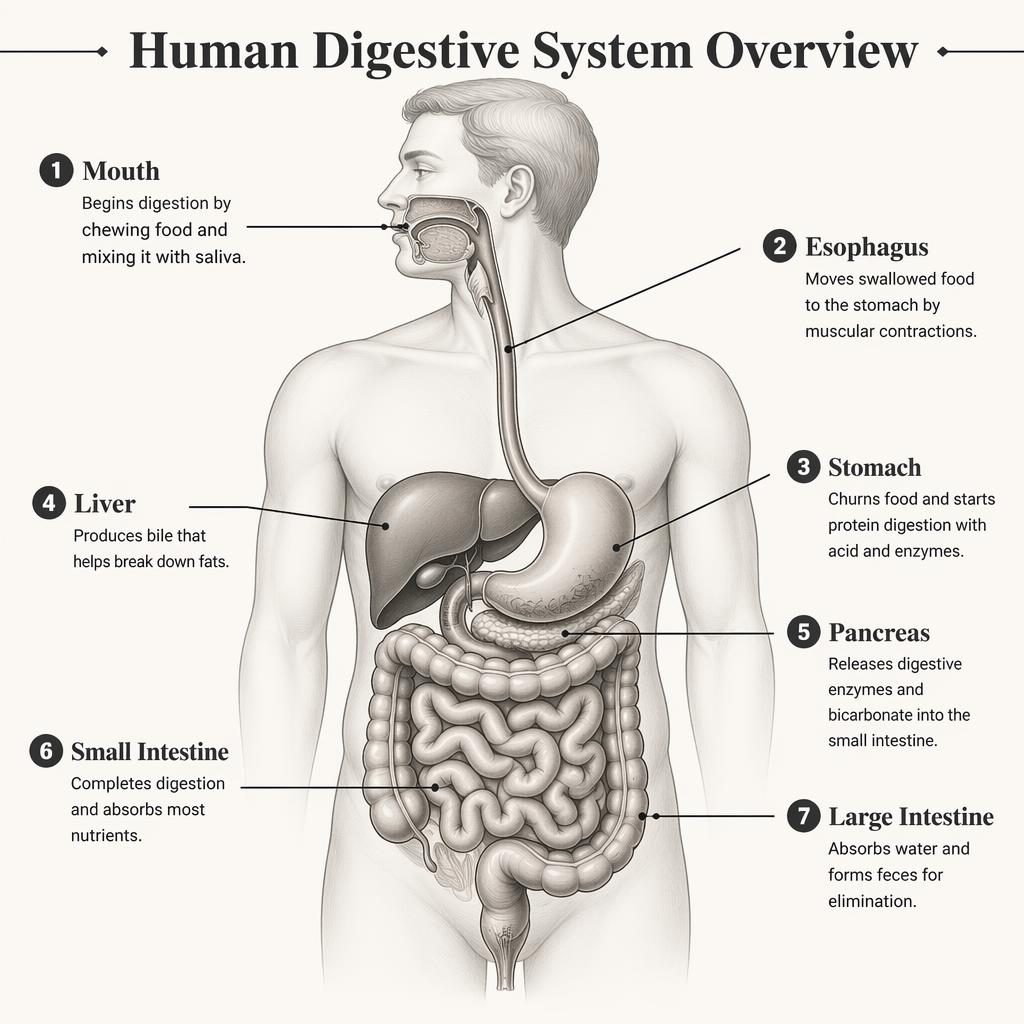 Monochrome medical infographic of the human digestive system with 7 labeled organs and educational captions.