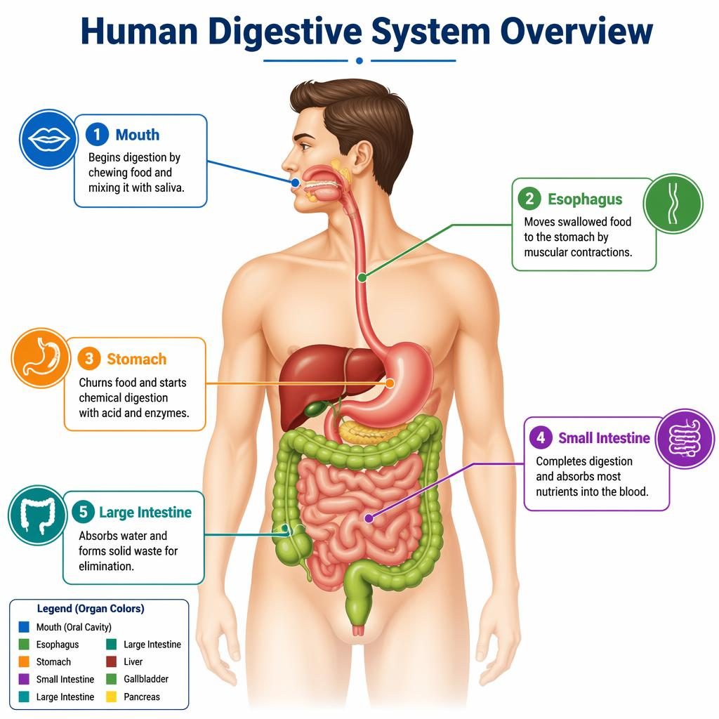 Educational infographic of the human digestive system with five labeled organs, leader lines, and a clean white layout.