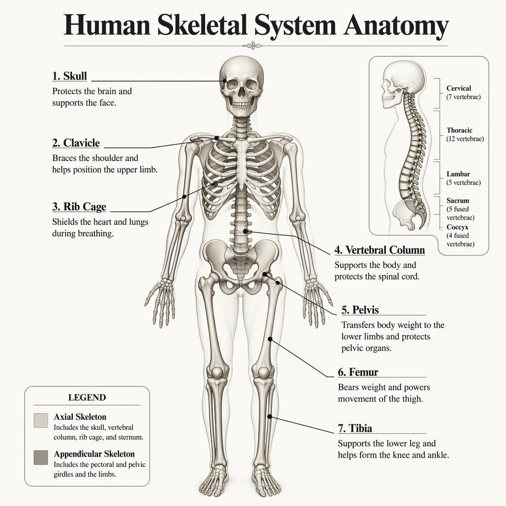 Monochrome medical infographic of a full anterior human skeleton with 7 labels and a subtle vertebral column inset.