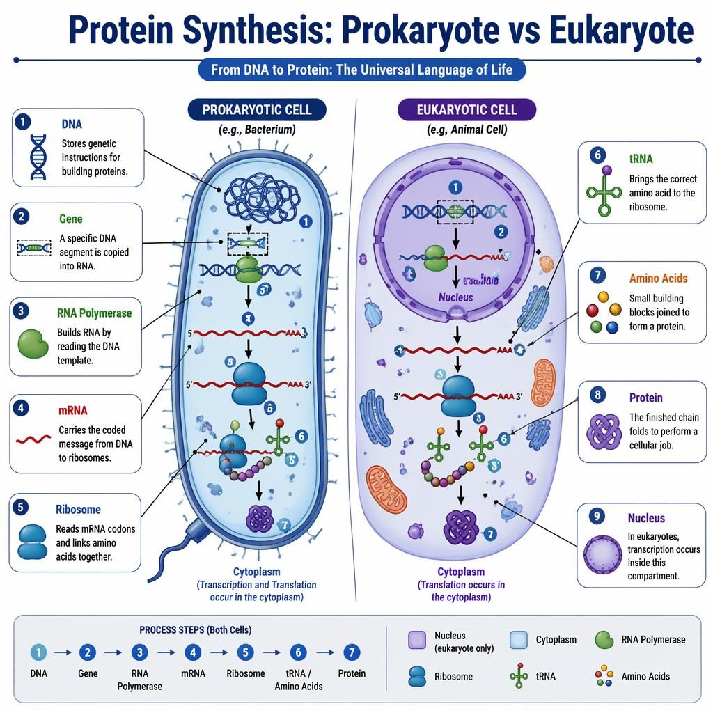 Colorful infographic comparing protein synthesis in prokaryotic and eukaryotic cells with labeled DNA, mRNA, ribosome, tRNA.