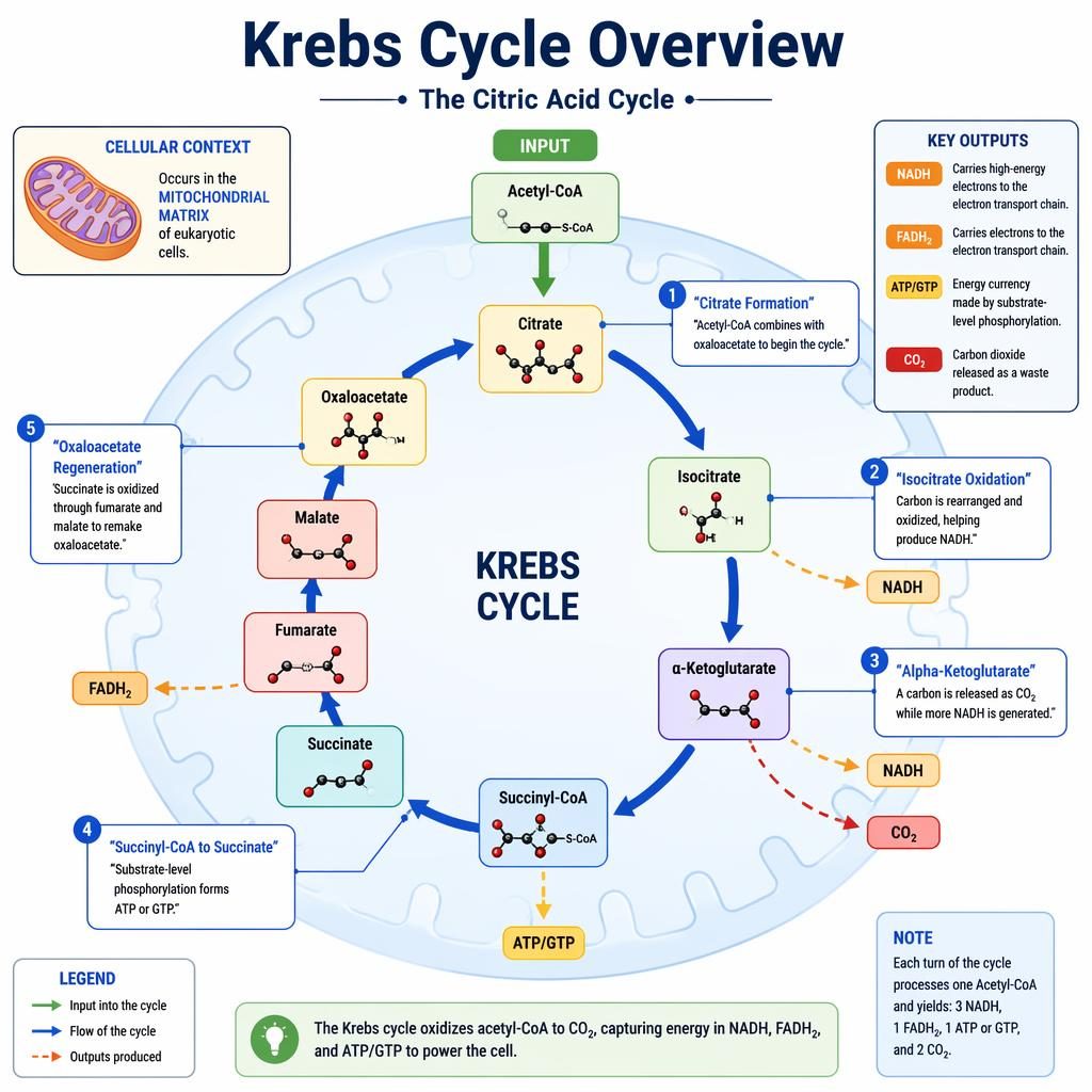 Vector textbook infographic of the Krebs cycle in a circular diagram with arrows, 5 labeled stages, inputs, outputs, and legend.