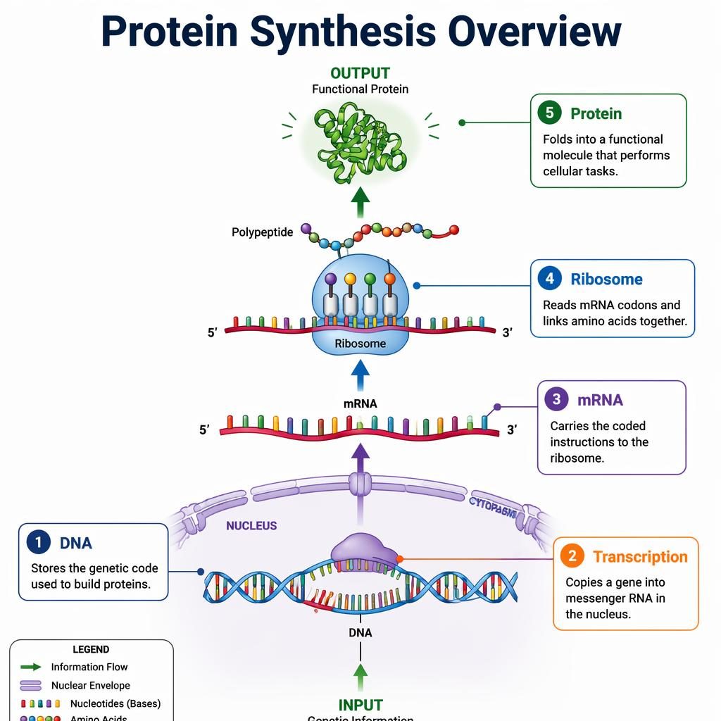 Scientific infographic showing protein synthesis pathway from DNA to mRNA, ribosome, polypeptide, and folded protein.