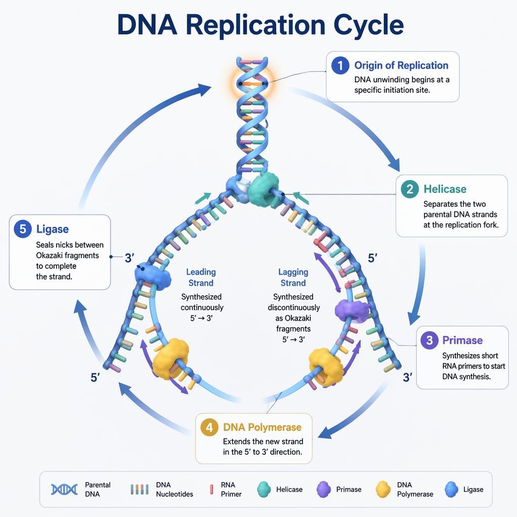 Isometric scientific infographic of the DNA replication cycle with 5 labeled stages, circular arrows, and replication fork details