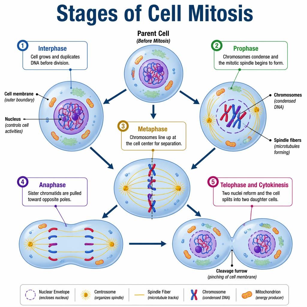 Educational infographic showing 5 labeled stages of mitosis in clean animal cell cross-sections with arrows and callouts.