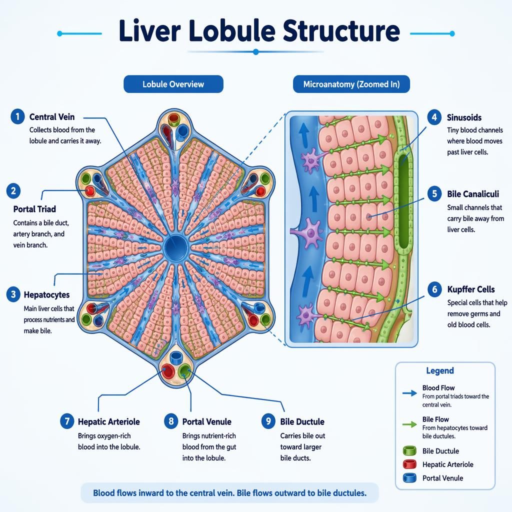 Educational liver lobule infographic with hexagonal overview, zoomed microanatomy, 9 labels, and blood and bile flow arrows.