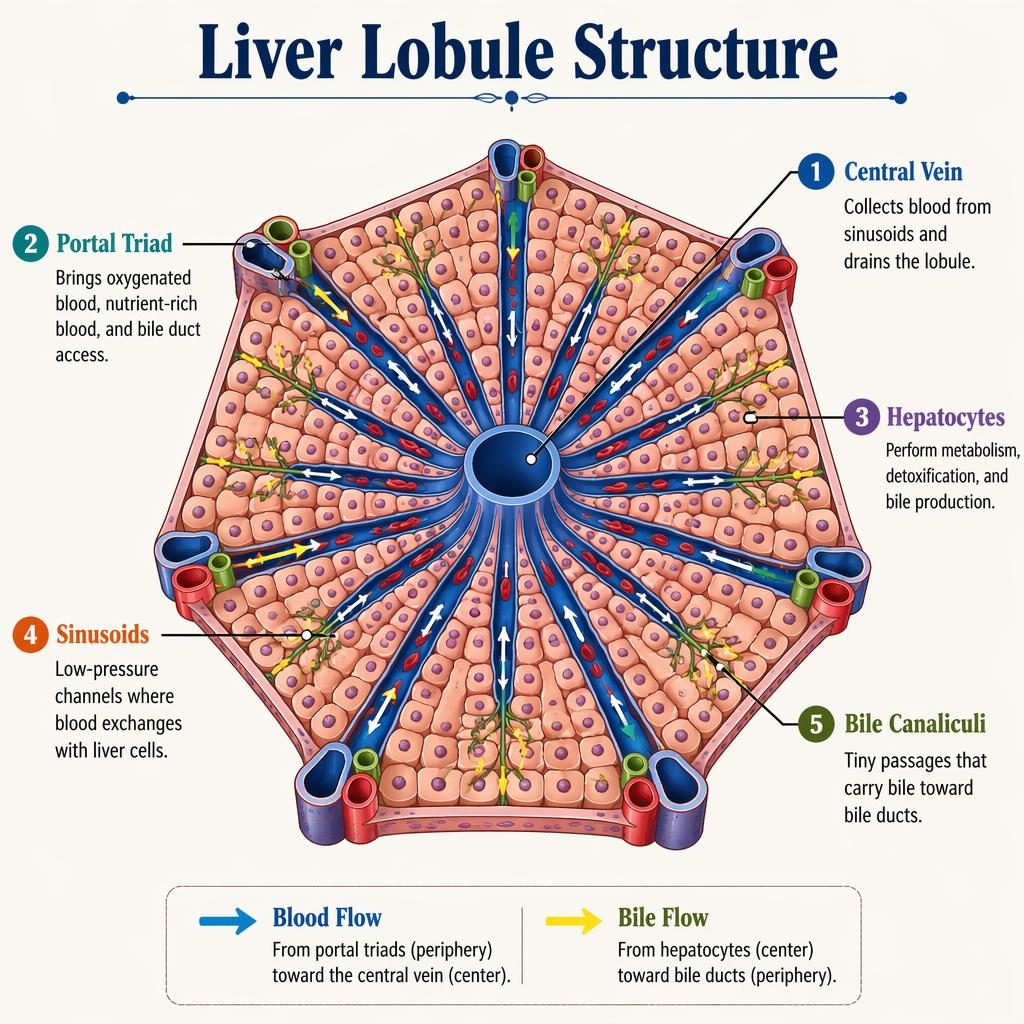 Clean liver lobule infographic showing a hexagonal cross-section with 5 labeled parts, flow arrows, and a small legend.