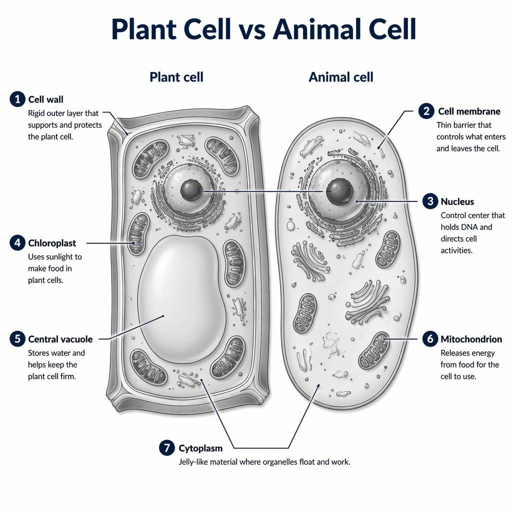 Monochrome infographic comparing a labeled plant cell and animal cell with 7 educational callouts and headings.